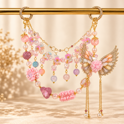 Pink Wing Blossom Floral Beaded Bag Charm Chain – Handmade Purse Accessory