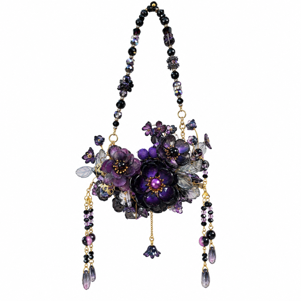 Luxury Purple & Black Floral Hanging Ornament | Handmade Beaded Home Decor, Car Interior Charm & Decorative Wall Hanging