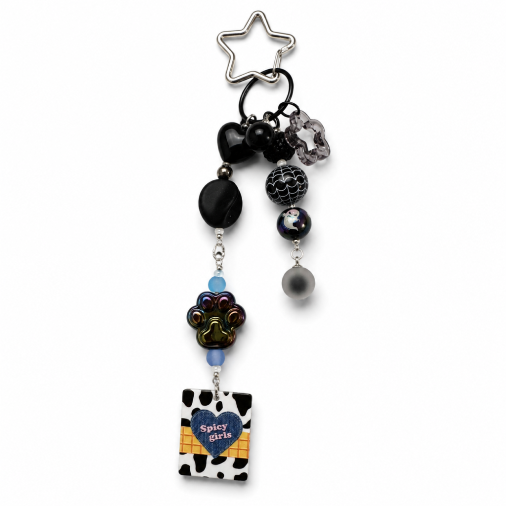 Spicy Girls Cow Print Beaded Bag Charm | Paw Accent, Star Key Ring, Y2K Purse & Backpack Charm