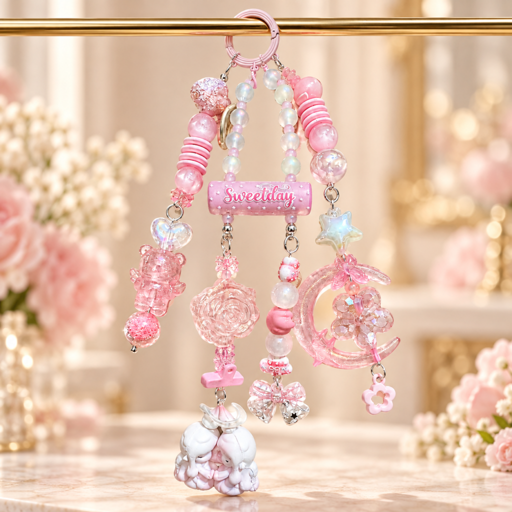 Sweetday Pink Celestial Beaded Bag Charm – Kawaii Moon & Star Purse Accessory