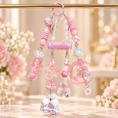 Sweetday Pink Celestial Beaded Bag Charm – Kawaii Moon & Star Purse Accessory