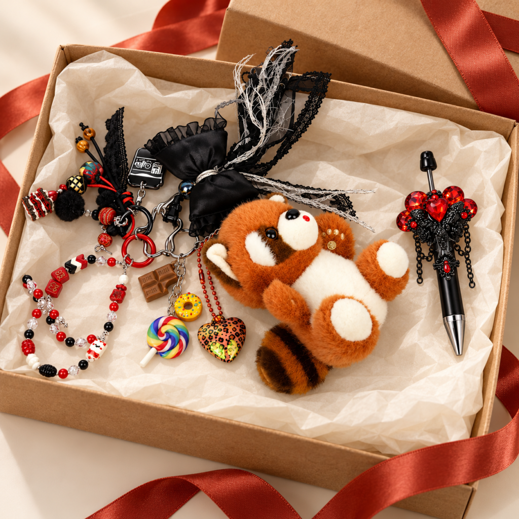 Red Panda bag charm and decorative beaded pen in gift-ready packaging