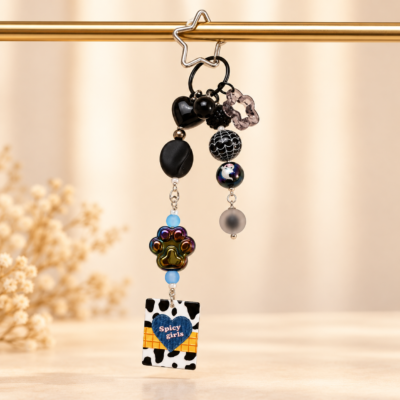Spicy Girls Cow Print Beaded Bag Charm | Paw Accent, Star Key Ring, Y2K Purse & Backpack Charm