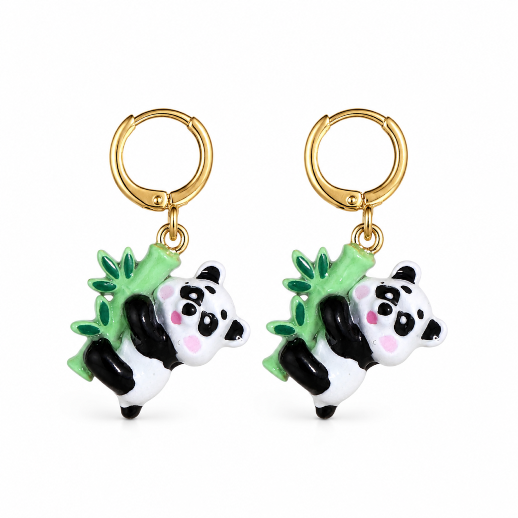 Cute Panda Bamboo Dangle Huggie Hoop Earrings – Gold-Tone Kawaii Earrings