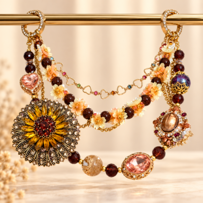 Luxury Amber Sunflower Layered Beaded Bag Chain – Handmade Floral Purse Charm