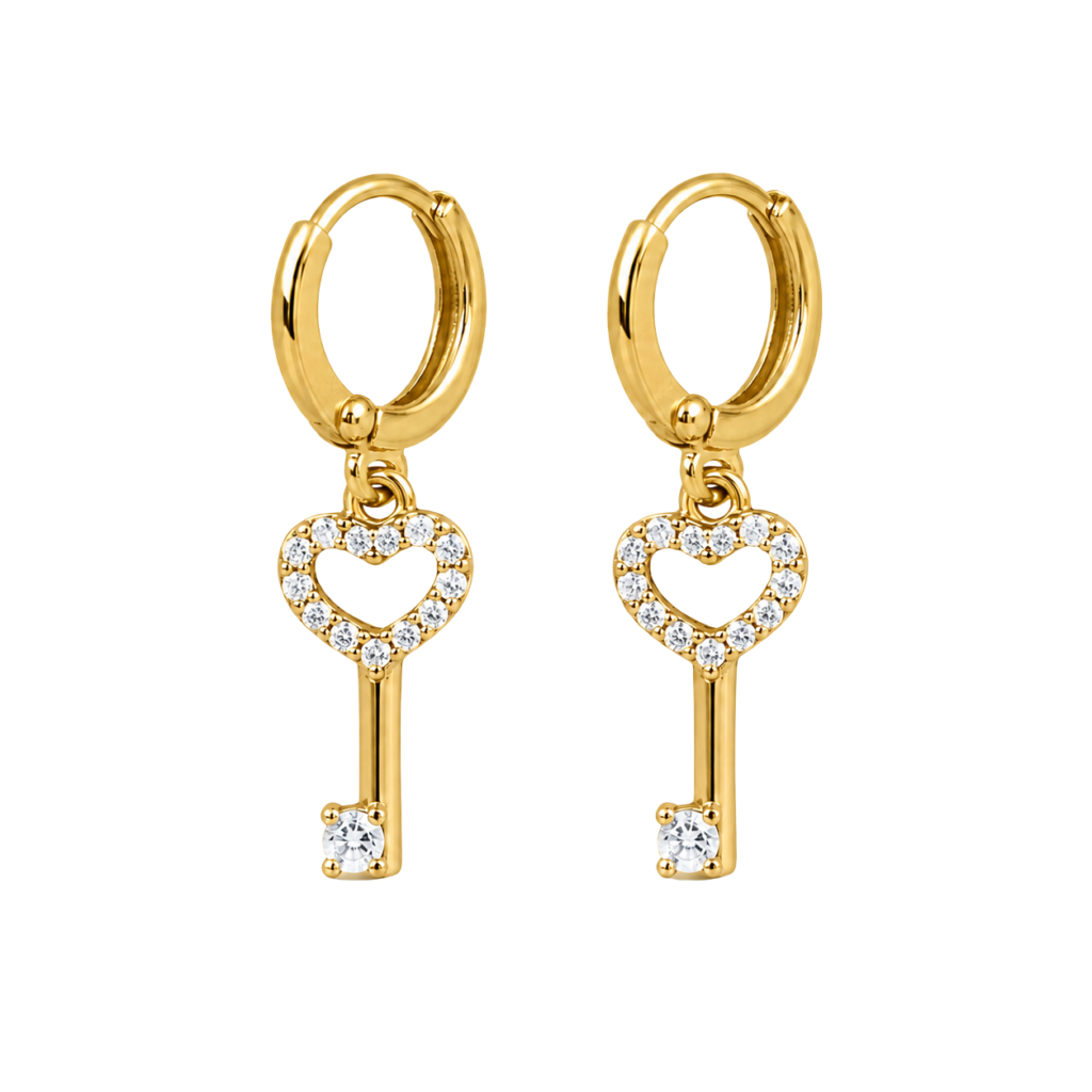 Gold-Tone Crystal Heart Key Dangle Huggie Hoop Earrings