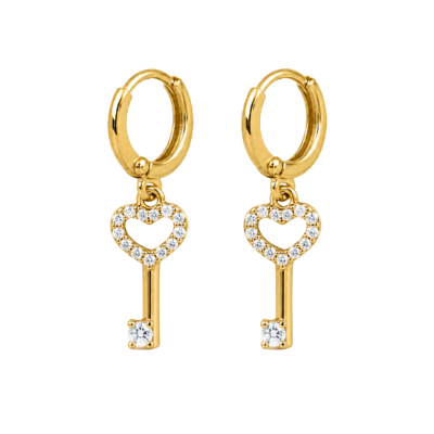 Gold-Tone Crystal Heart Key Dangle Huggie Hoop Earrings