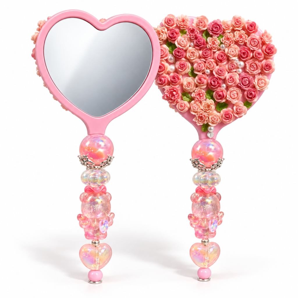 Handmade Pink Floral Heart Mirror with Beaded Handle