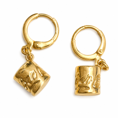 Gold-Tone Ornate Barrel Charm Dangle Huggie Hoop Earrings
