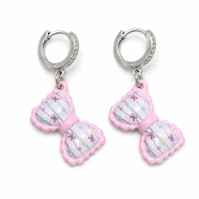 Pink Ribbon Bow Earrings with Silver-Tone Crystal-Look Hoops