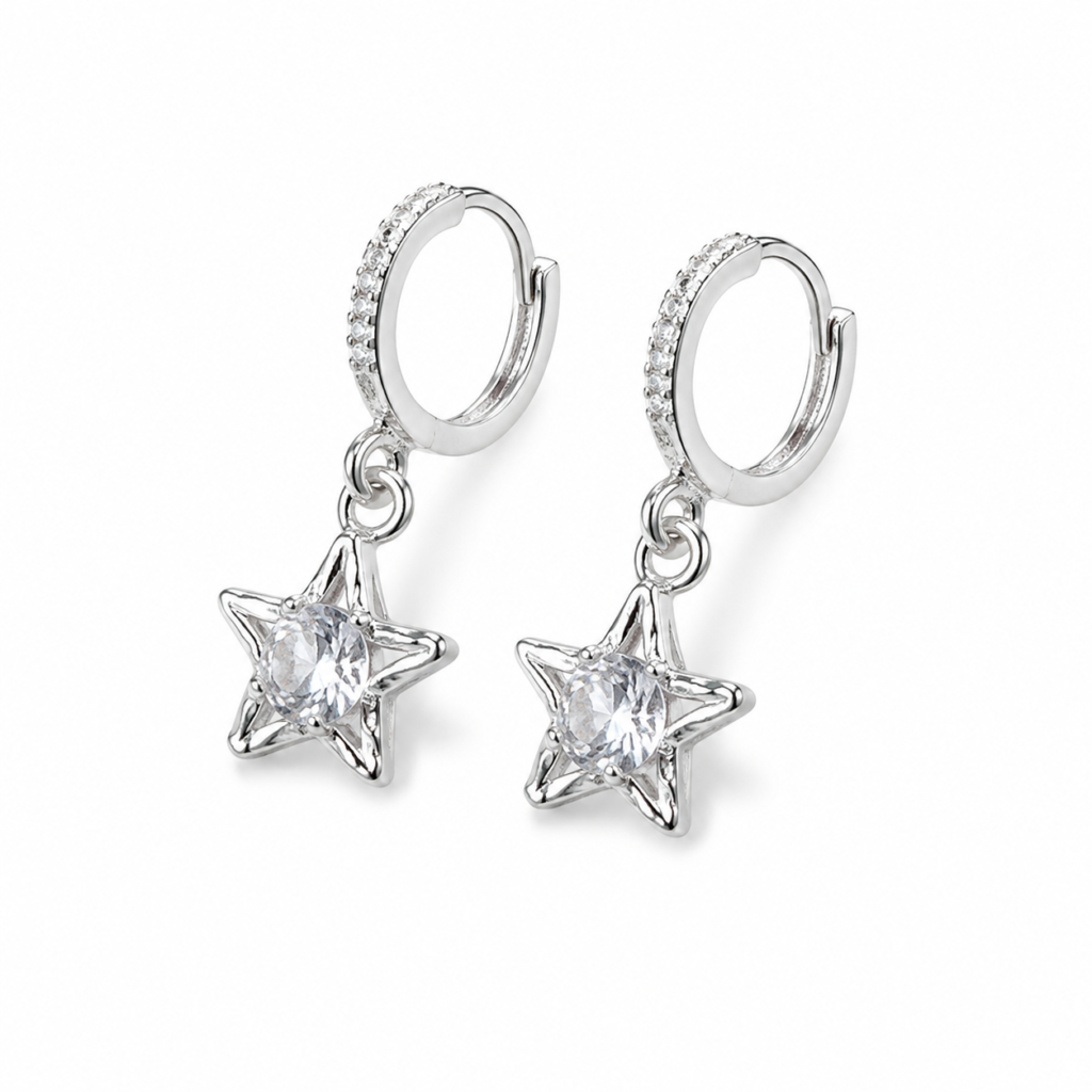 Silver Crystal Star Drop Huggie Hoop Earrings – Celestial Dangle Earrings