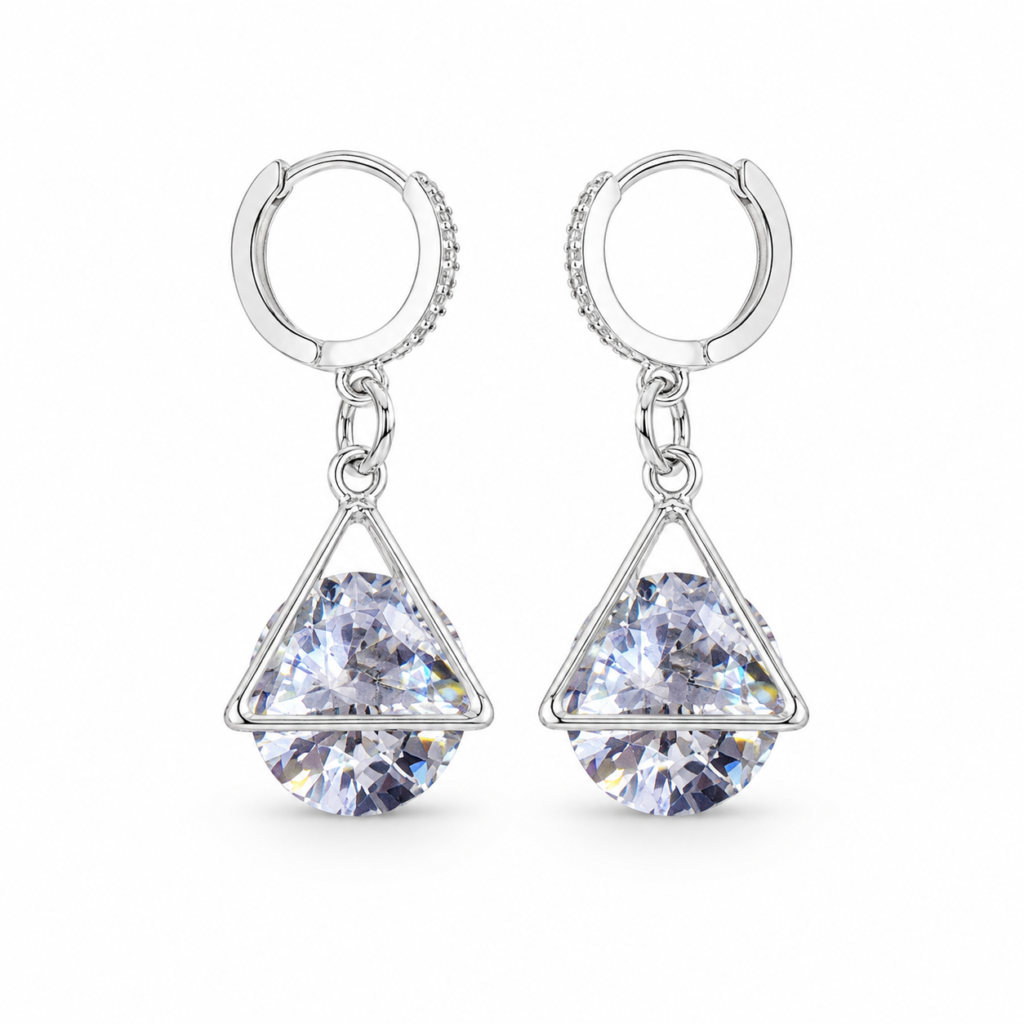 Silver Geometric Crystal Drop Hoop Earrings – Triangle Dangle Earrings