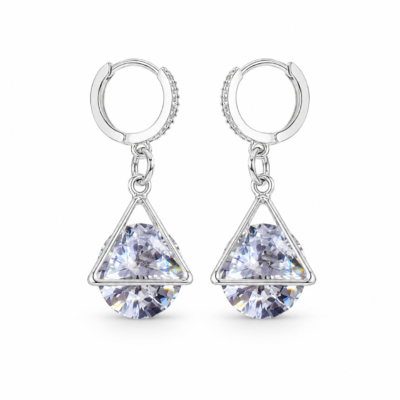 Silver Geometric Crystal Drop Hoop Earrings – Triangle Dangle Earrings