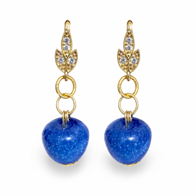 Sparkling Blue Apple Drop Earrings – Gold-Tone Leaf Dangle Earrings