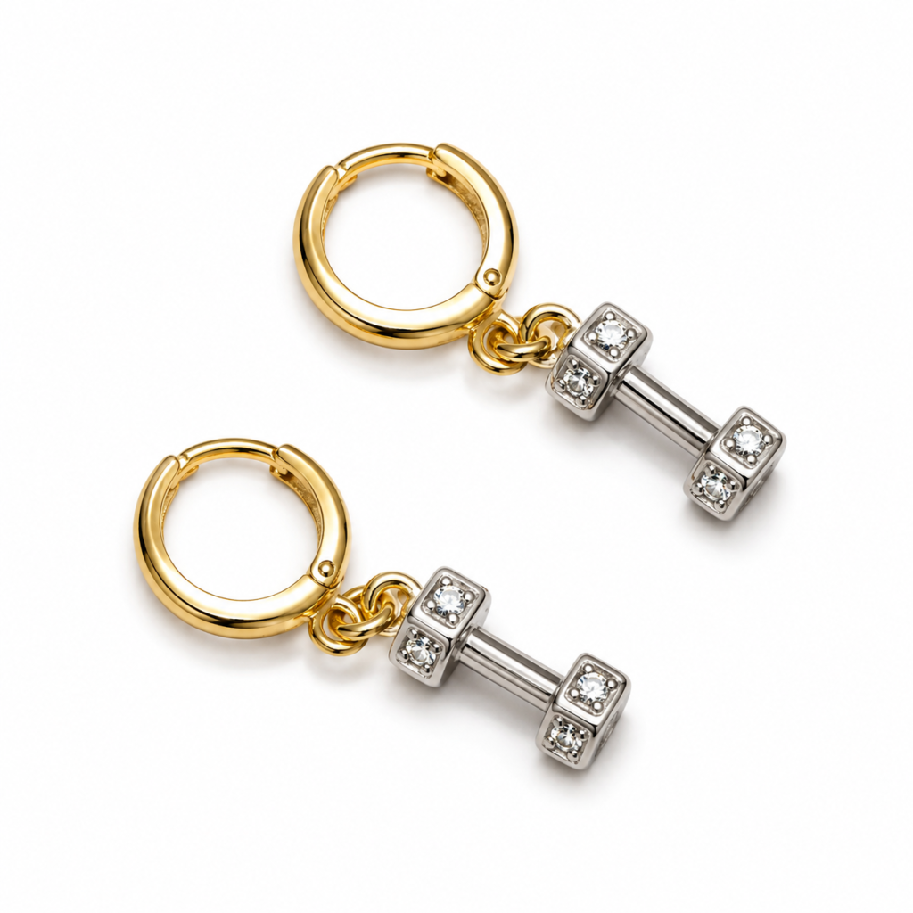 Two-Tone Crystal Dumbbell Charm Dangle Huggie Hoop Earrings