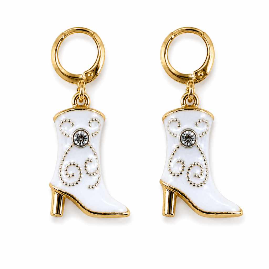White Cowboy Boot Dangle Huggie Hoop Earrings – Gold-Tone Western Earrings