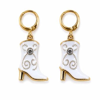 White Cowboy Boot Dangle Huggie Hoop Earrings – Gold-Tone Western Earrings